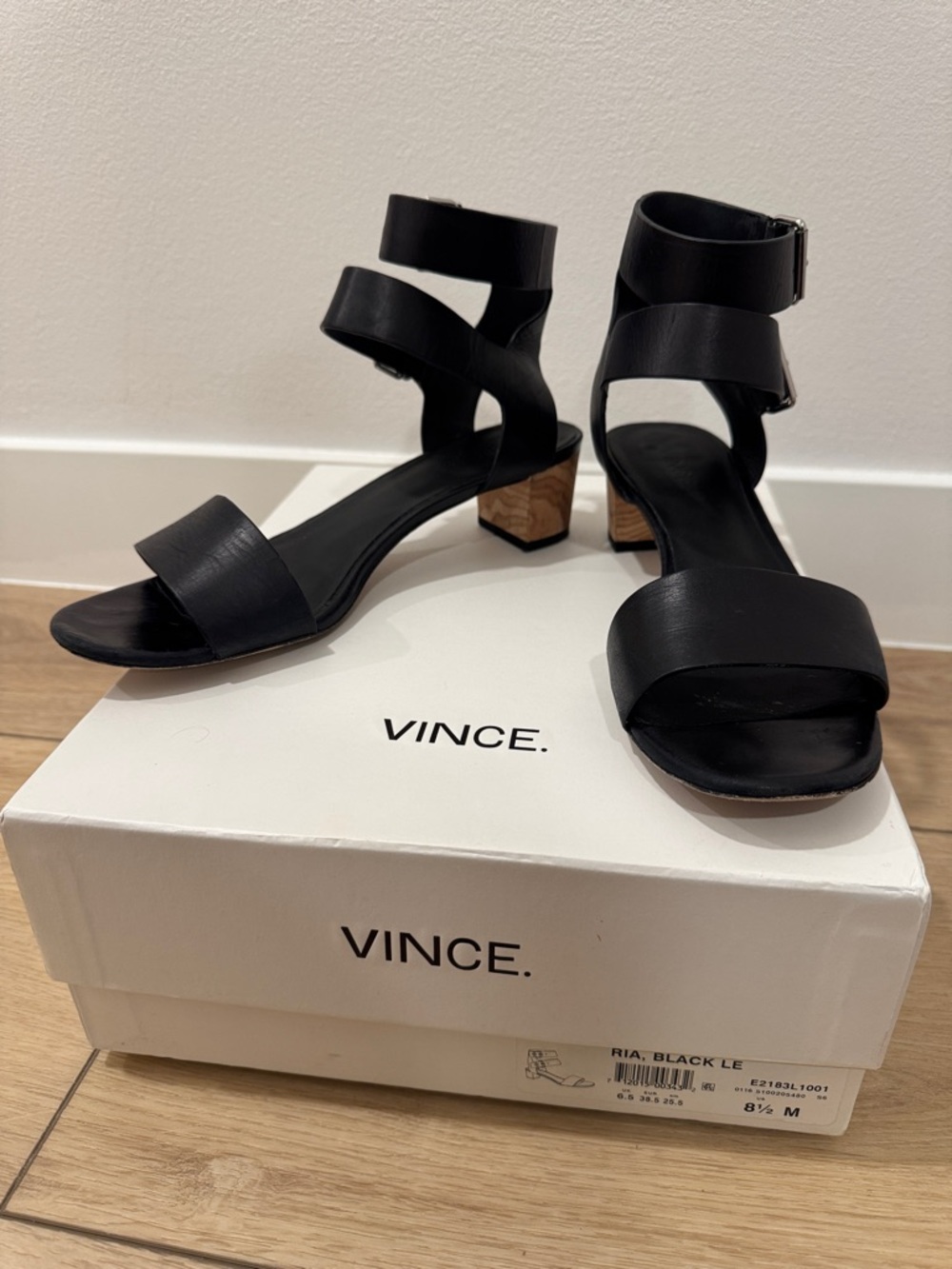 Vince Black Leather Multi-Strap Block Heel Sandals